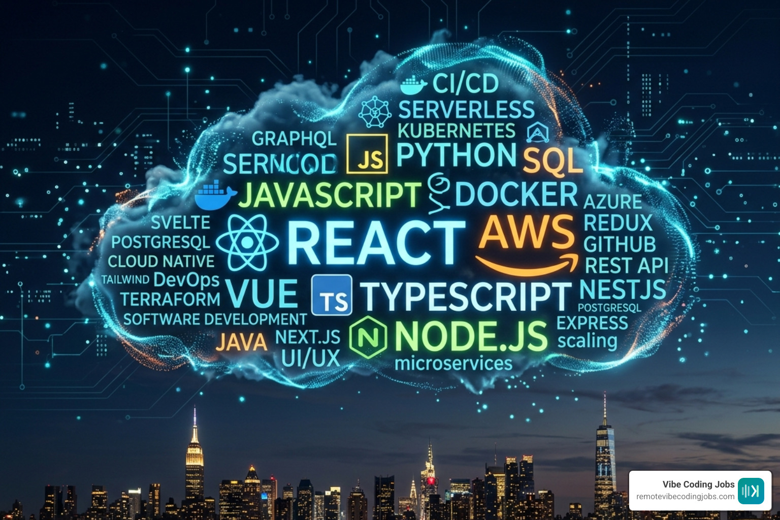 Technical skill cloud featuring React, AWS, TypeScript, and Node.js - remote react aws engineer Technical skill cloud featuring React, AWS, TypeScript, and Node.js - remote react aws engineer