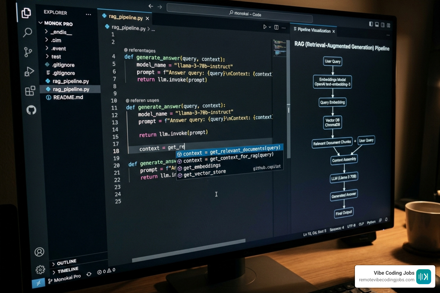 code editor with AI suggestions and RAG pipeline visualization - Best remote AI jobs