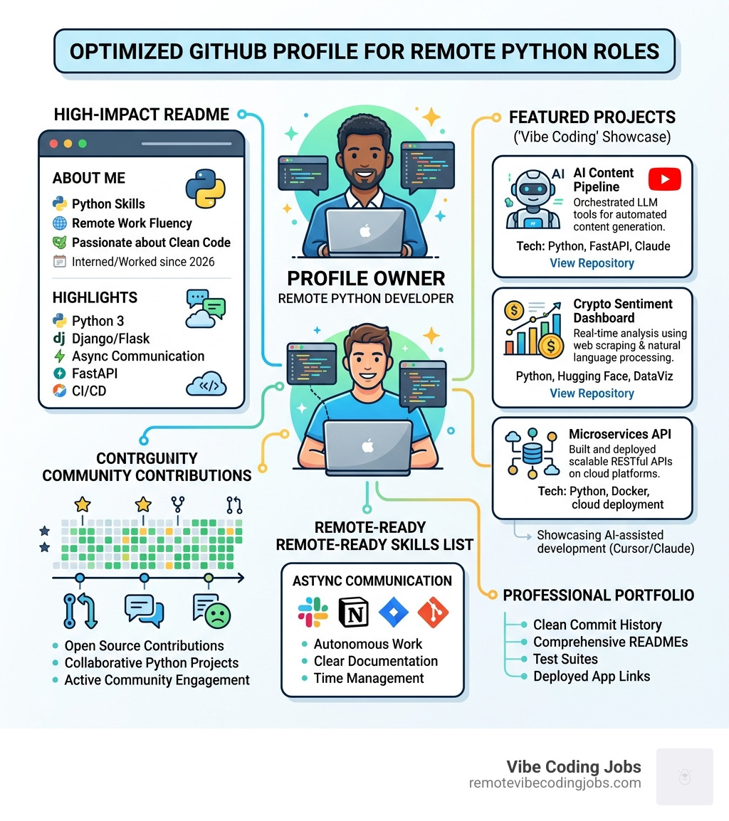 Infographic of a professional GitHub profile layout optimized for remote Python roles - python internships remote