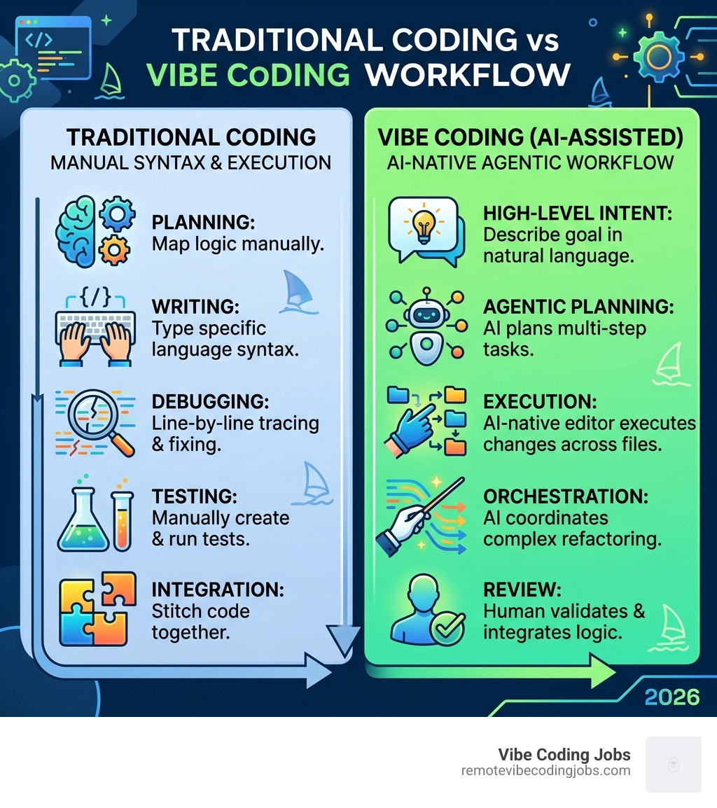 Vibe Coding workflow vs traditional coding infographic showing AI-assisted steps vs manual syntax - remote windsurf coding