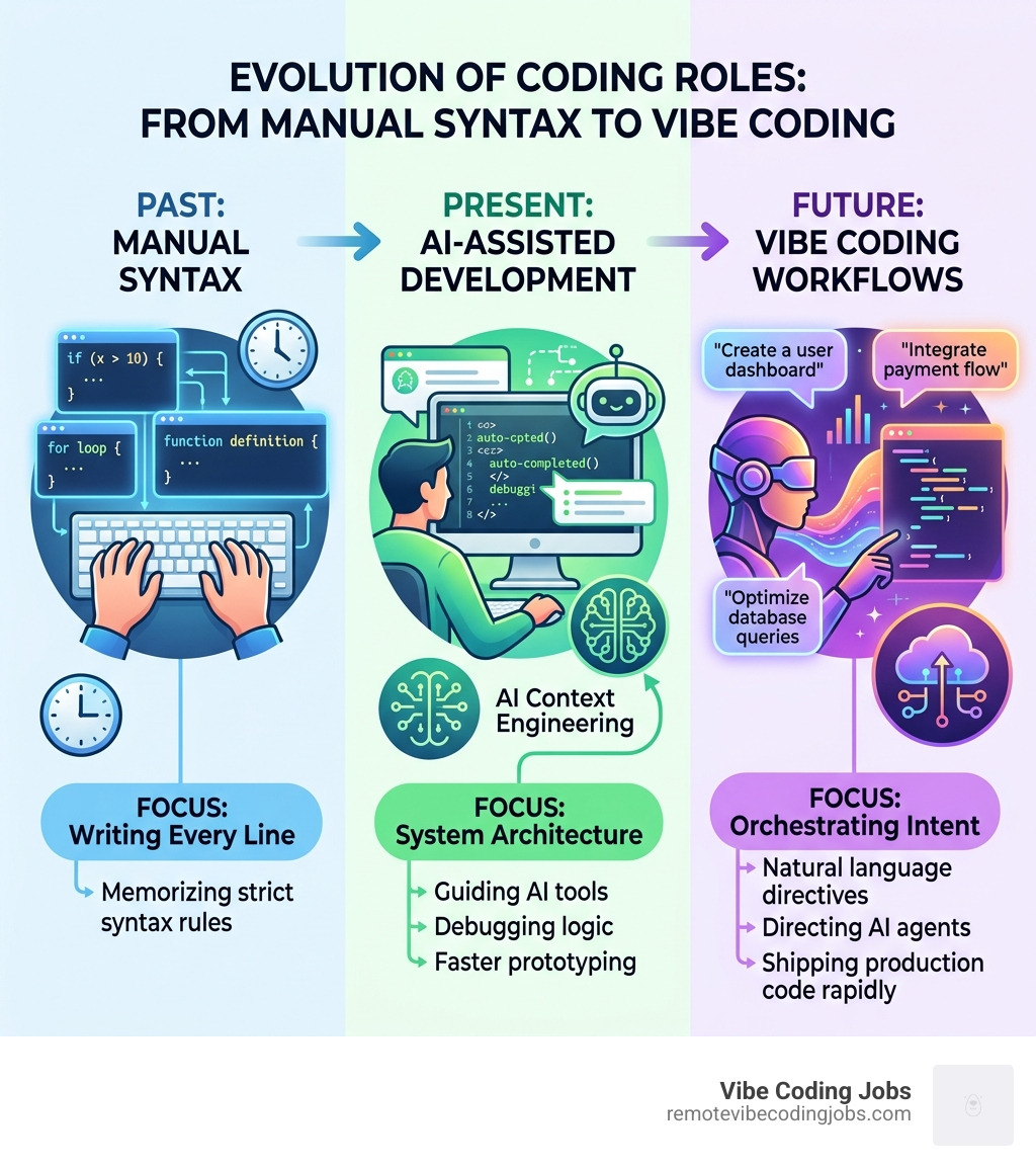 Evolution of coding roles from manual syntax to AI-assisted vibe coding workflows - ai assisted dev positions infographic Evolution of coding roles from manual syntax to AI-assisted vibe coding workflows - ai assisted dev positions infographic