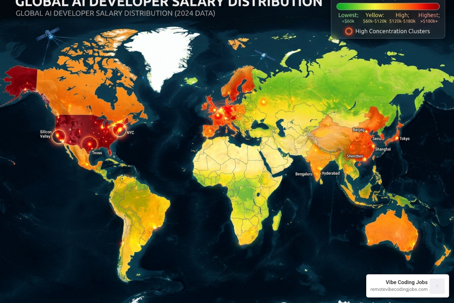 Global salary distribution for AI developers showing high concentrations in US and Europe - remote windsurf coding jobs