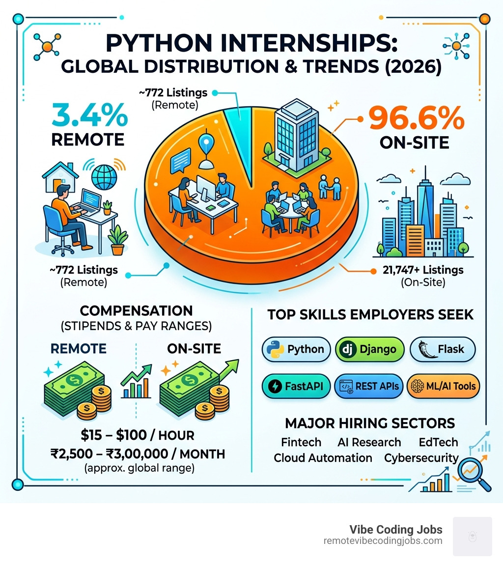 Infographic showing 3.4% remote vs 96.6% on-site distribution of Python internships with pay ranges and top skills - python