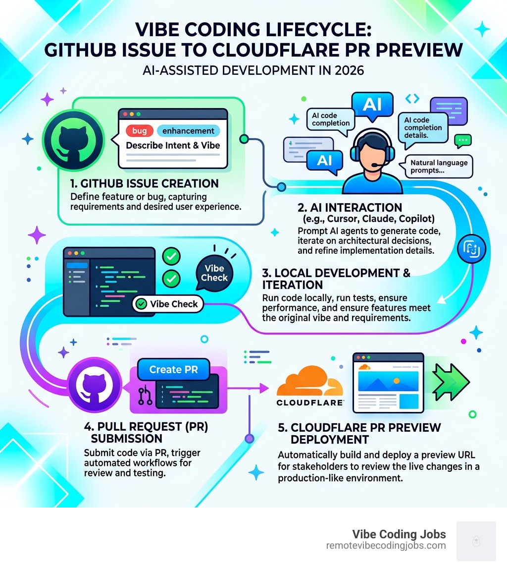Infographic: vibe coding lifecycle from GitHub Issue to Cloudflare PR preview deployment - remote ai vibe developer