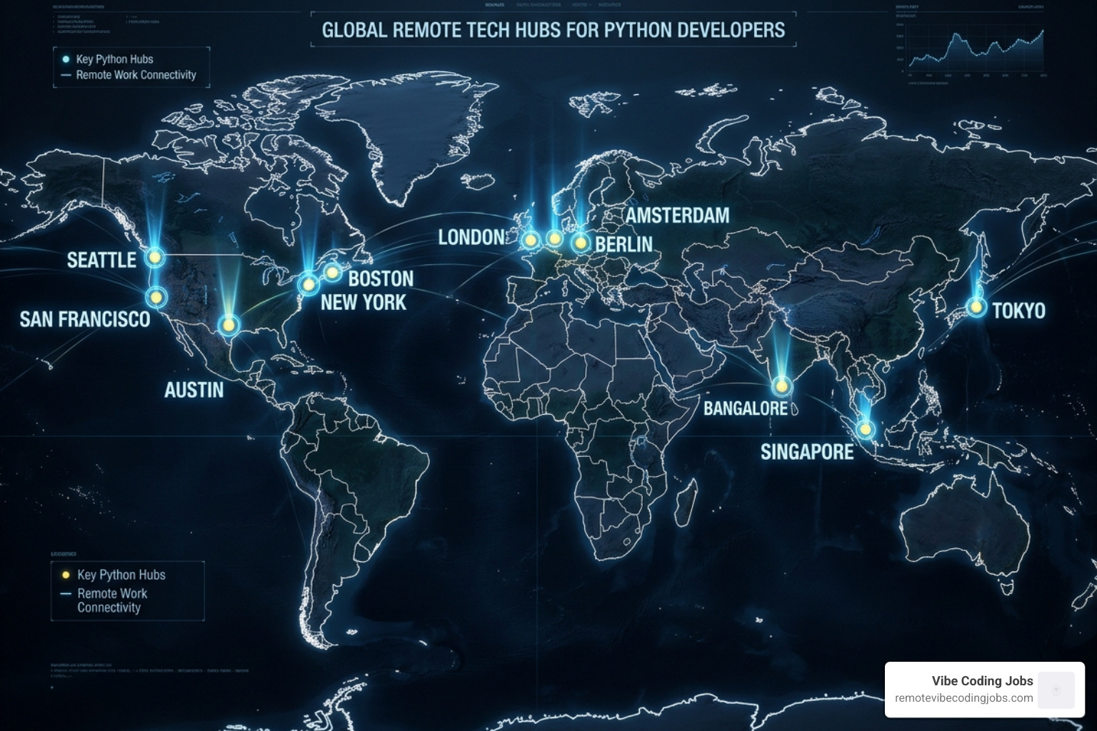 global map highlighting remote tech hubs for python developers - remote python jobs part-time