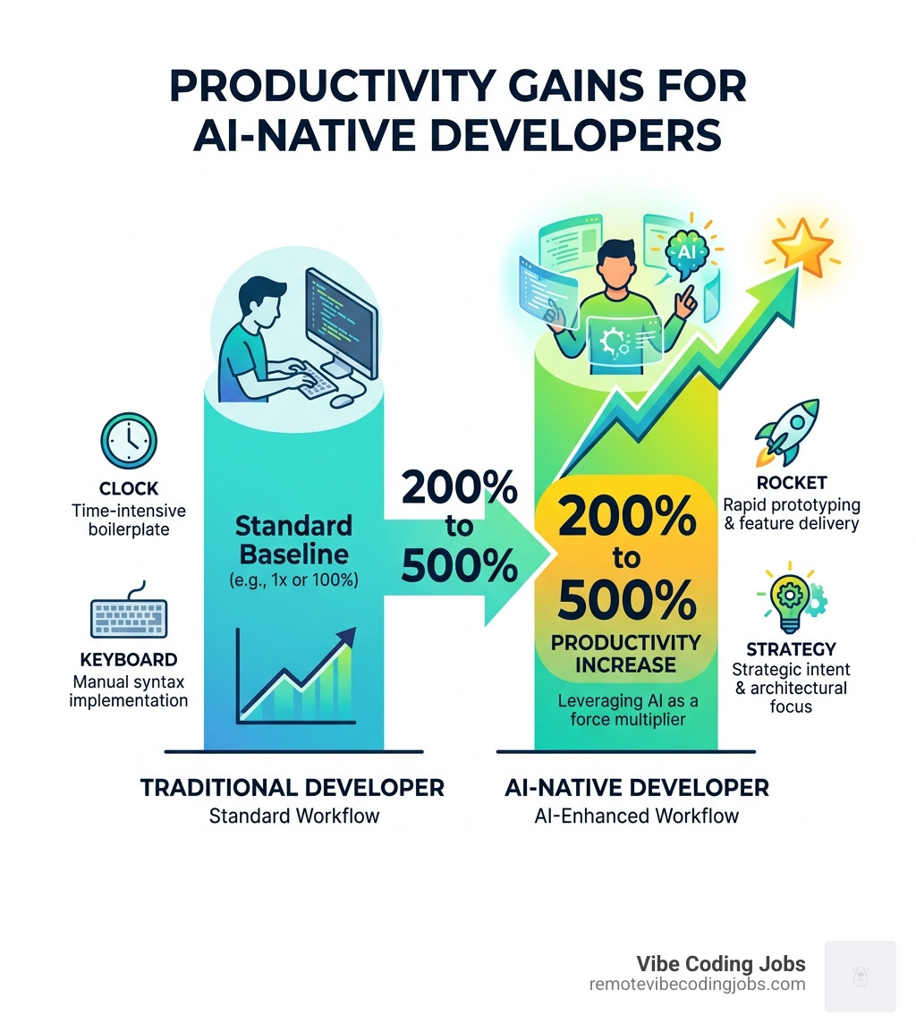 Infographic showing 200% to 500% productivity gains for AI-native developers - remote windsurf coding jobs infographic 