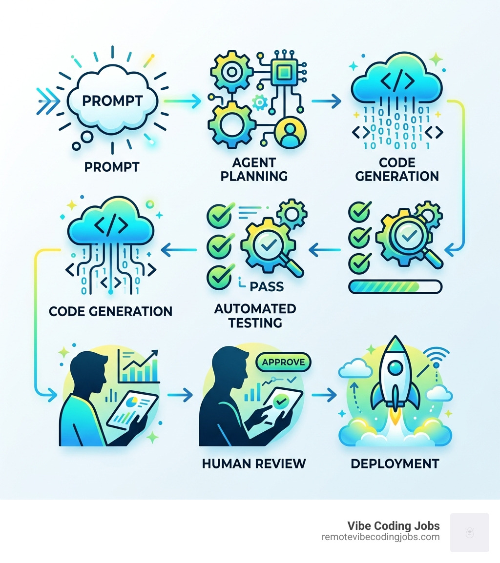AI-assisted development lifecycle infographic showing: Prompt → Agent Planning → Code Generation → Automated Testing → Human AI-assisted development lifecycle infographic showing: Prompt → Agent Planning → Code Generation → Automated Testing → Human