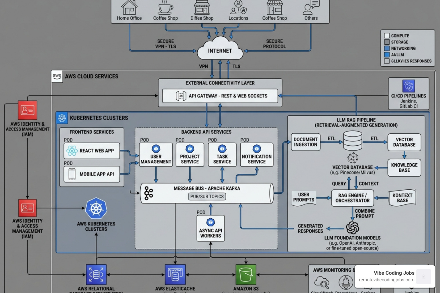 Software architecture diagram for a modern, remote-first AI application - remote software engineer jobs work from home Software architecture diagram for a modern, remote-first AI application - remote software engineer jobs work from home