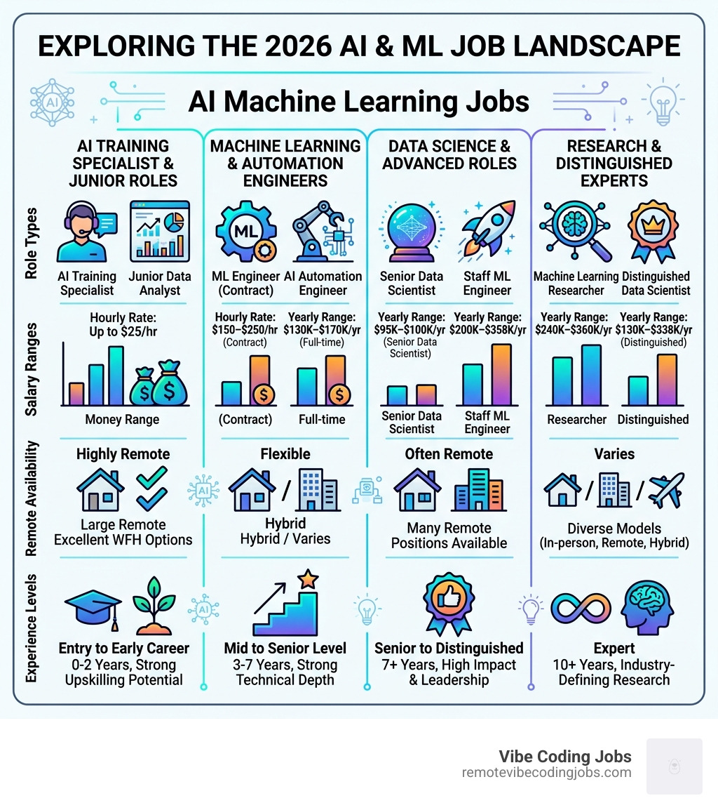2026 AI job landscape infographic showing role types, salary ranges, remote availability, and experience levels - ai machine