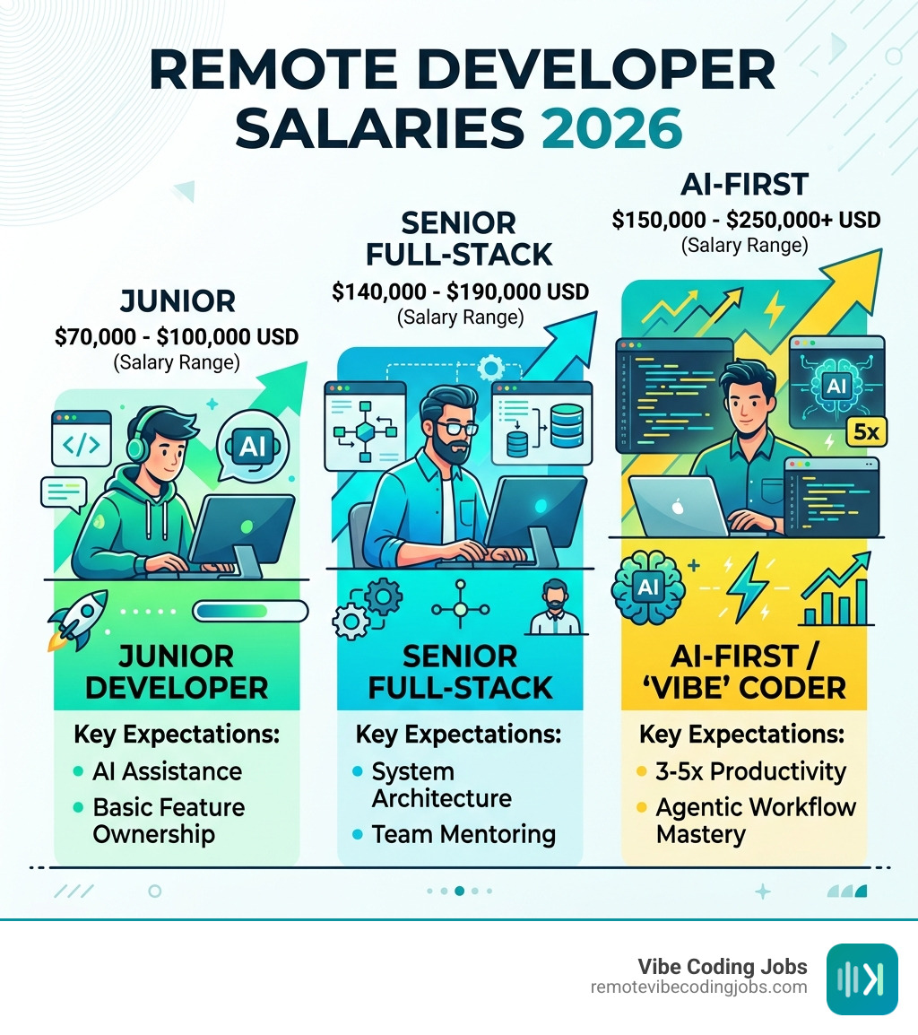 Comparison of remote developer salaries by experience level - developer jobs remote infographic 