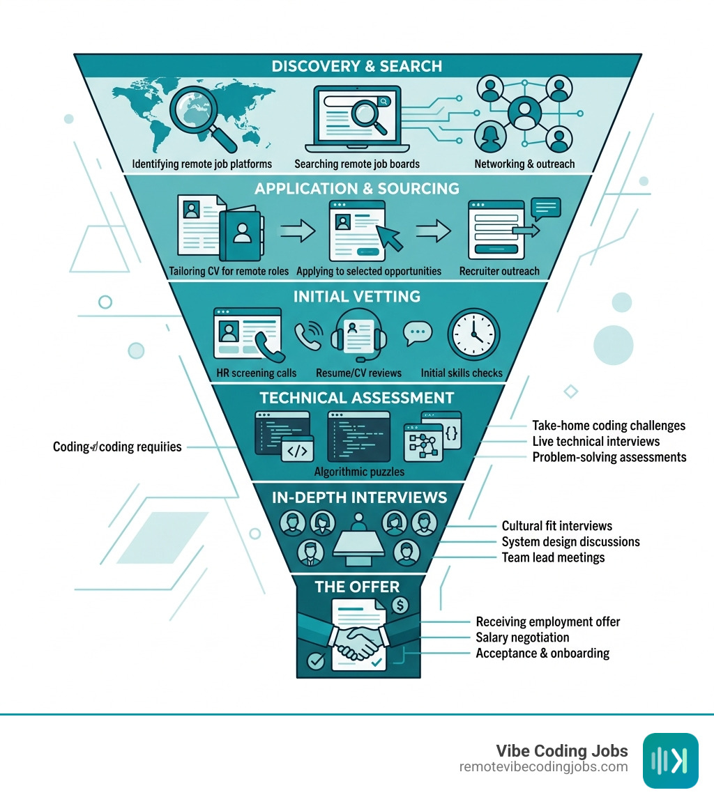 Remote developer hiring funnel showing job search stages from discovery to offer - developer jobs remote infographic 