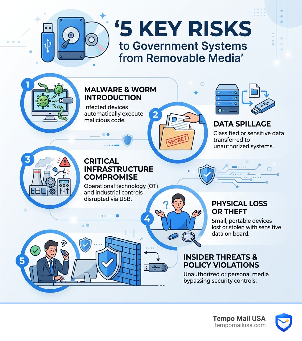 5 risks to government systems from removable media types USBs external HDDs optical discs - what is a risk to government