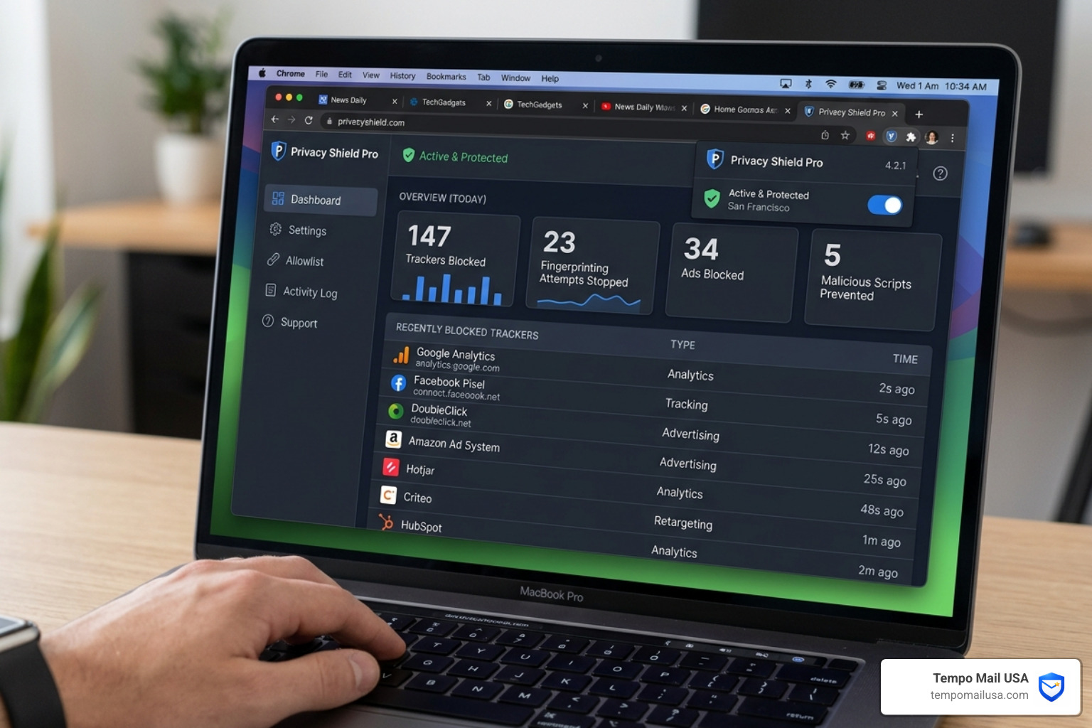Dashboard of Privacy Shield Pro showing blocked trackers and real-time stats - what is privacy shield pro