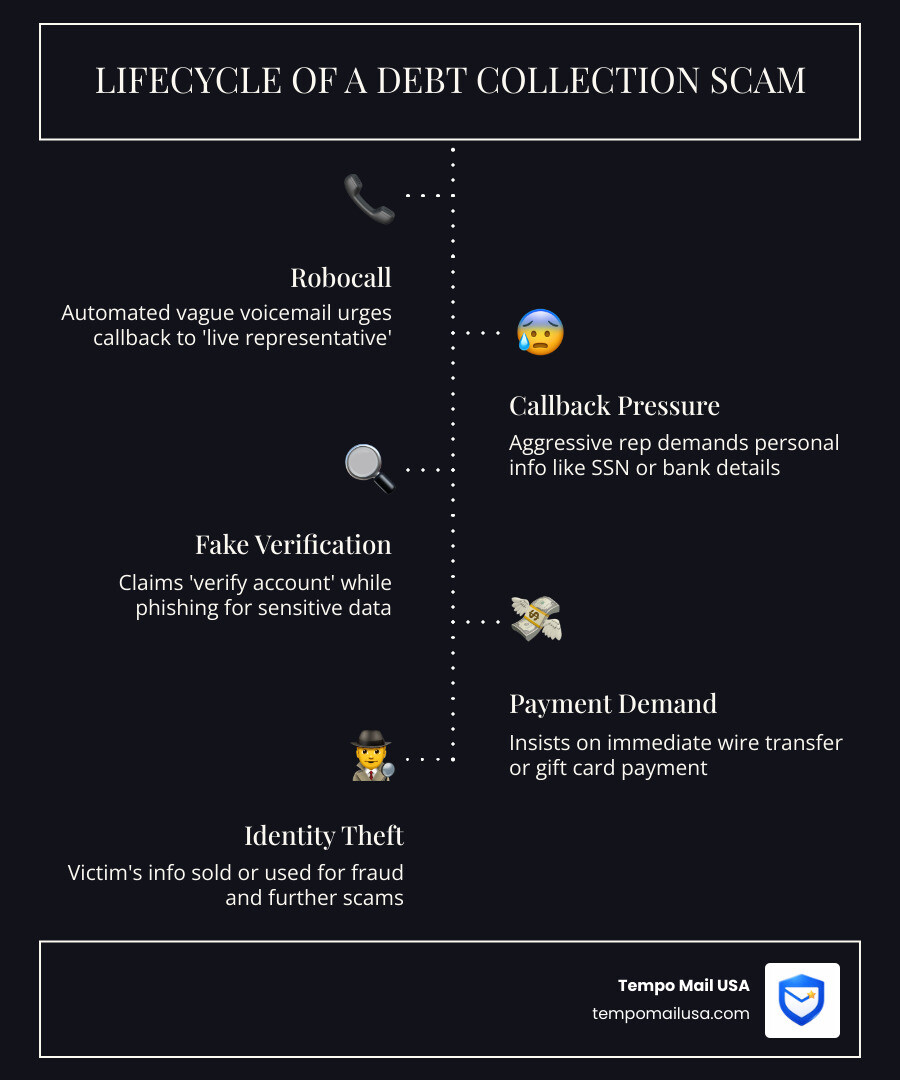 Lifecycle of a debt collection scam from initial robocall to phishing attempt infographic - why is resolve first financial Lifecycle of a debt collection scam from initial robocall to phishing attempt infographic - why is resolve first financial