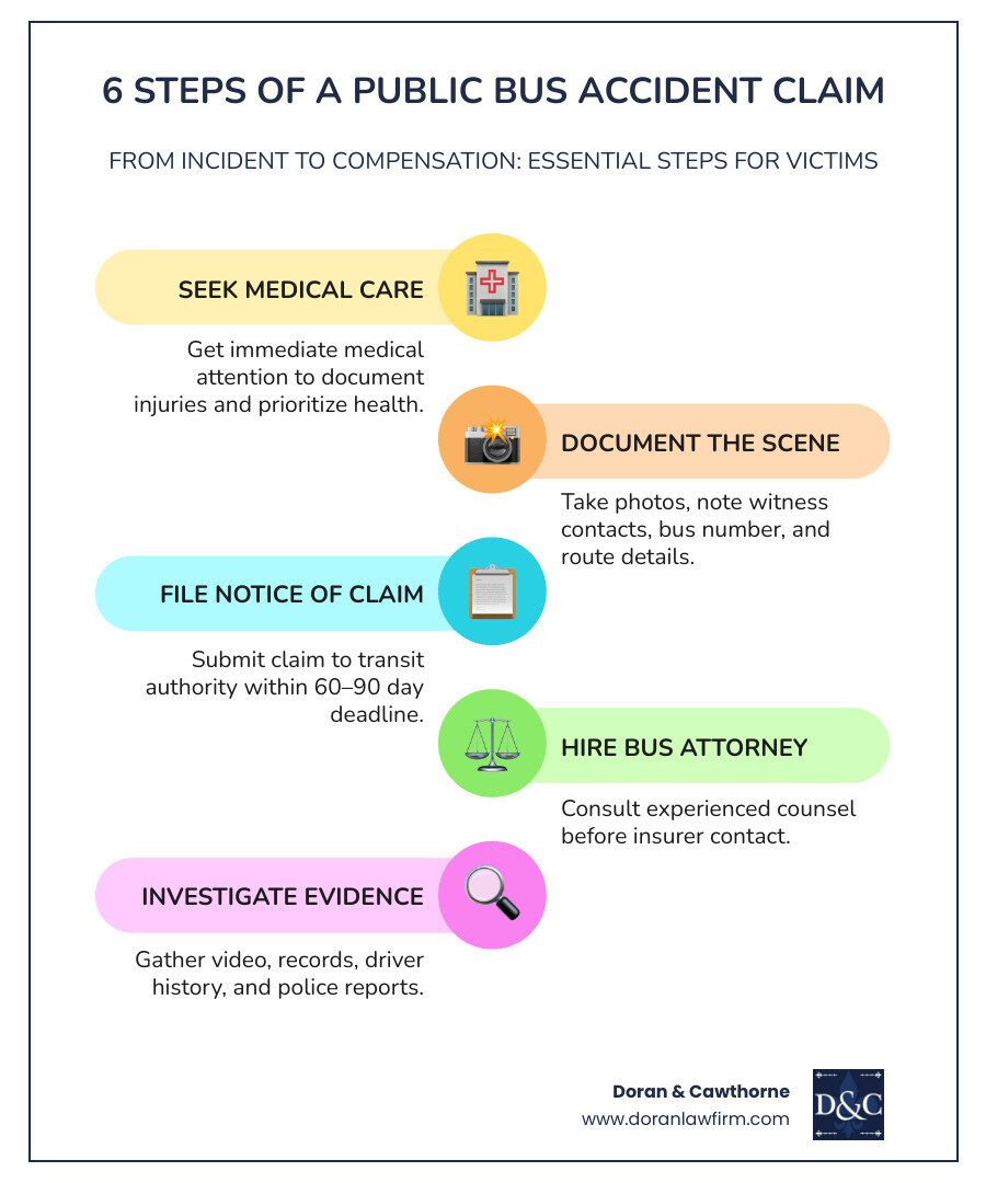6 steps of a public bus accident claim from incident to compensation - Public bus accident lawsuit infographic 6 steps of a public bus accident claim from incident to compensation - Public bus accident lawsuit infographic