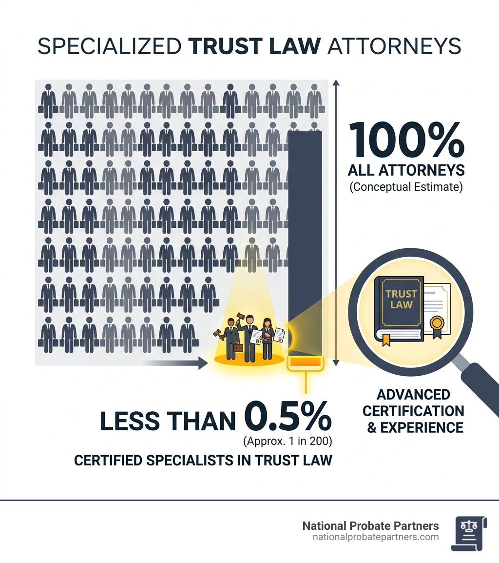 Stat showing that less than 0.5% of attorneys are certified specialists in trust law - trust fund attorney infographic 