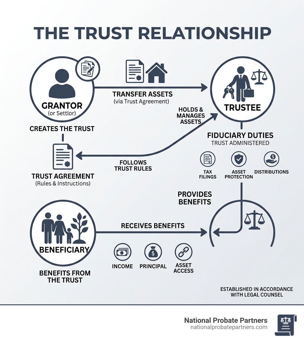 Infographic showing the relationship between grantor, trustee, and beneficiary in a trust - trust fund attorney infographic 