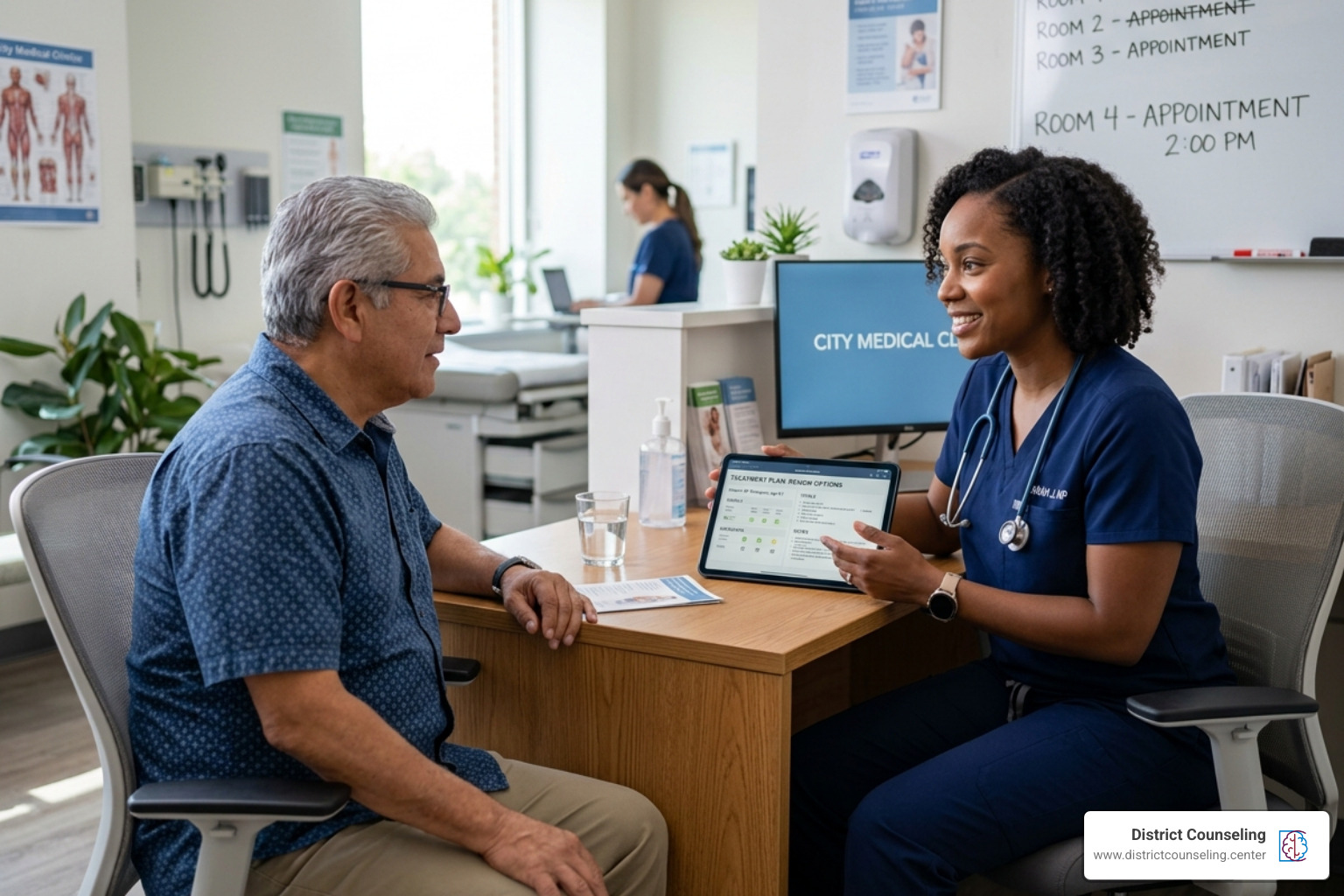 A healthcare provider reviewing a digital chart and discussing treatment options with a patient - psychiatric medication