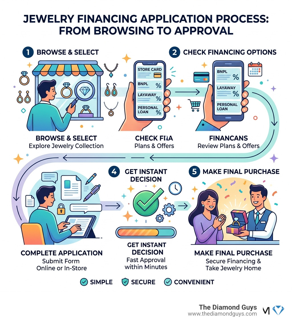 Jewelry financing application process steps from browsing to approval - diamond jewelry financing infographic Jewelry financing application process steps from browsing to approval - diamond jewelry financing infographic