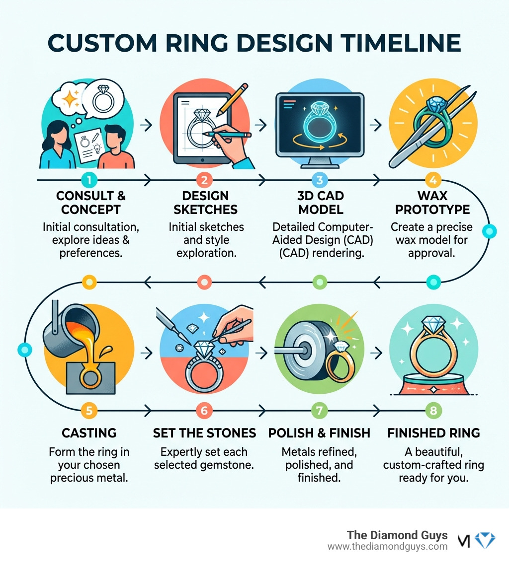 Custom ring design timeline infographic from concept to finished wedding ring - Phoenix wedding ring designers infographic Custom ring design timeline infographic from concept to finished wedding ring - Phoenix wedding ring designers infographic