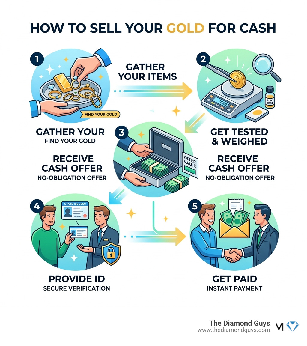 Infographic showing the gold selling process: gather items, get tested and weighed, receive cash offer, provide ID, get paid Infographic showing the gold selling process: gather items, get tested and weighed, receive cash offer, provide ID, get paid