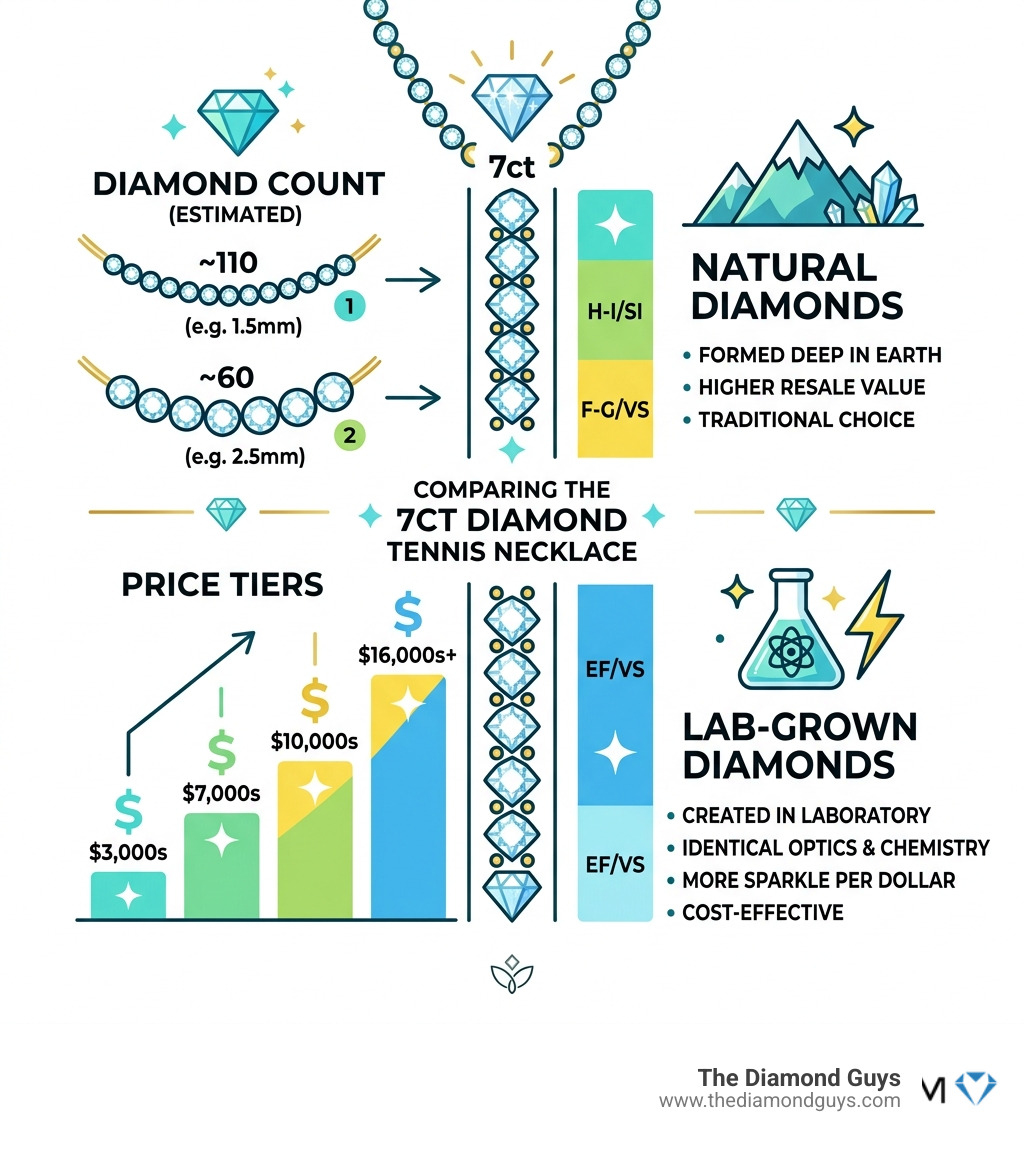 Infographic showing 7ct total weight scale comparing diamond count, price tiers, and natural vs lab-grown options - 7ct Infographic showing 7ct total weight scale comparing diamond count, price tiers, and natural vs lab-grown options - 7ct