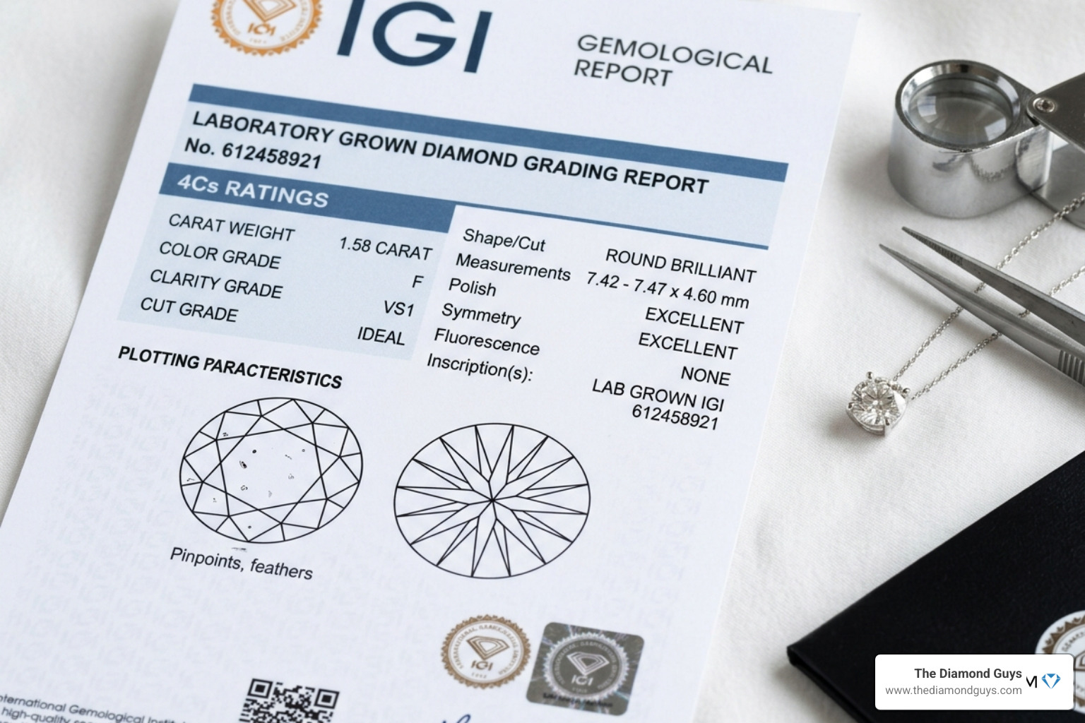 Diamond grading report showing 4Cs for a lab-grown diamond - lab created diamond engagement ring white gold Diamond grading report showing 4Cs for a lab-grown diamond - lab created diamond engagement ring white gold