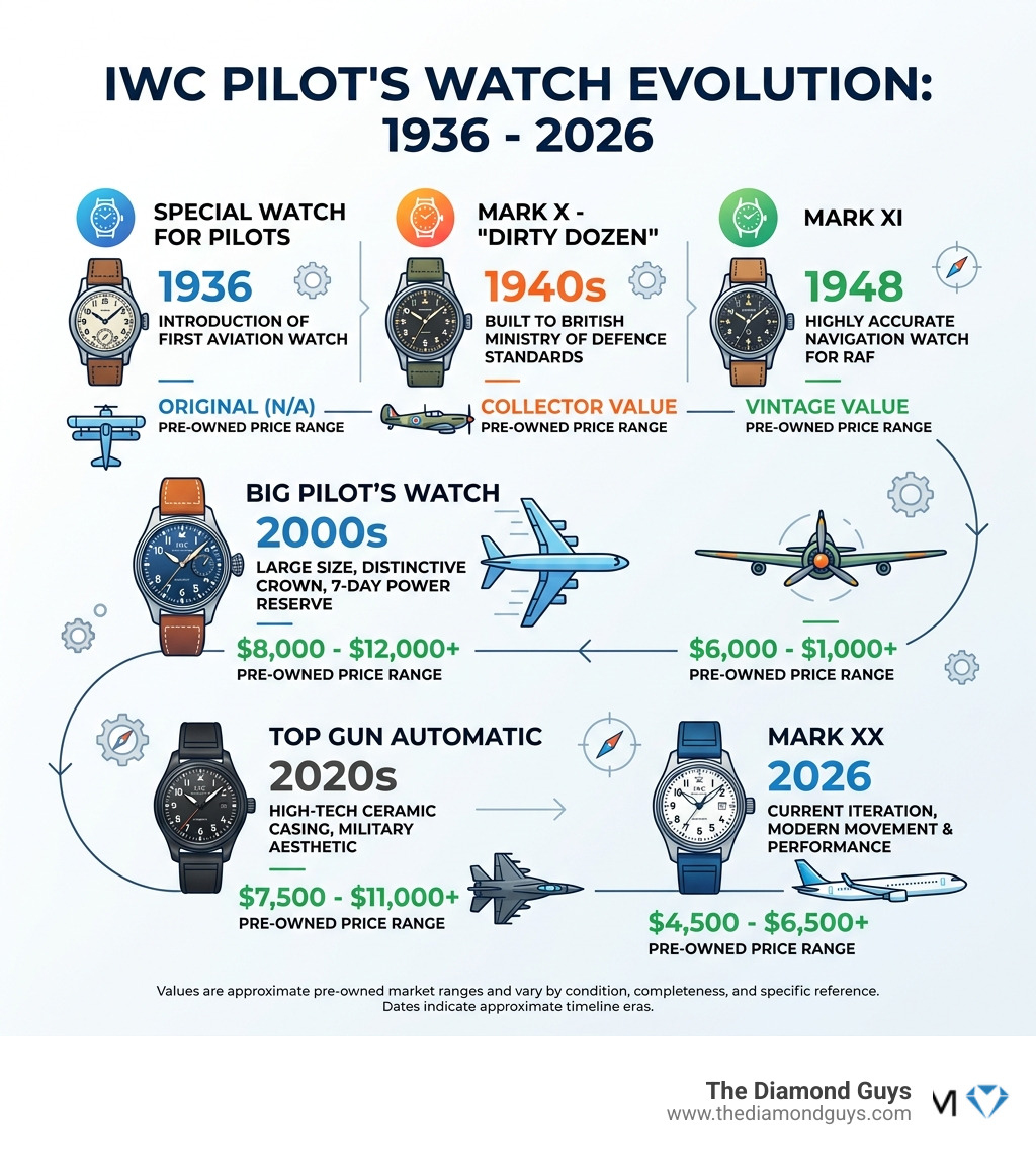 Infographic showing IWC Pilot Watch evolution from 1936 to 2026 with key models and price ranges - IWC Pilot pre-owned Infographic showing IWC Pilot Watch evolution from 1936 to 2026 with key models and price ranges - IWC Pilot pre-owned