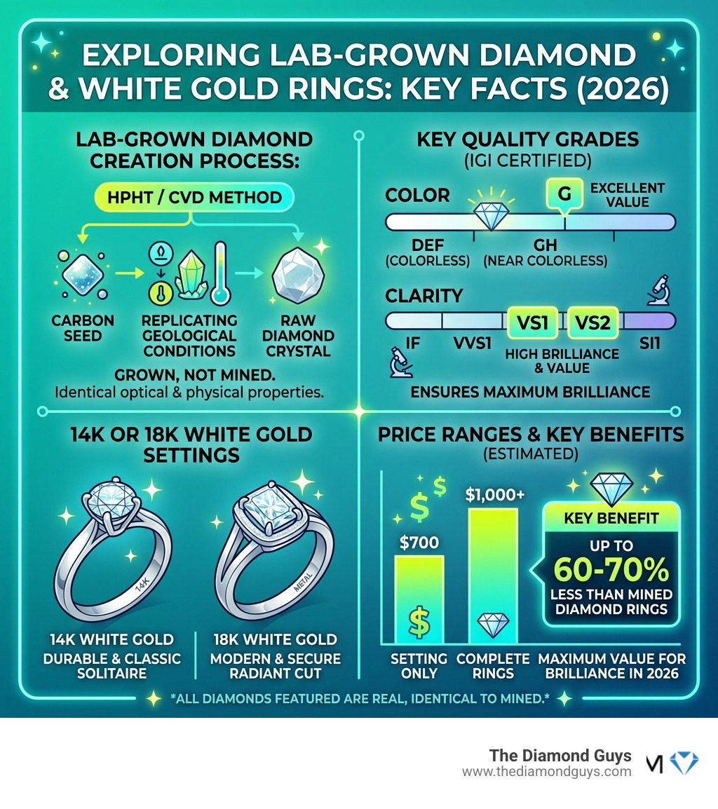 Infographic showing lab-grown diamond creation process, white gold settings, price ranges, and key quality grades - lab Infographic showing lab-grown diamond creation process, white gold settings, price ranges, and key quality grades - lab