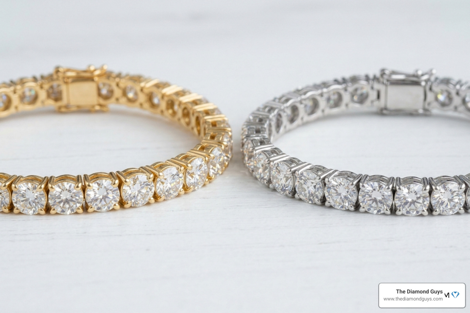Comparison of 7ct tennis bracelets in yellow gold vs white gold settings - 7ct tennis bracelet Comparison of 7ct tennis bracelets in yellow gold vs white gold settings - 7ct tennis bracelet