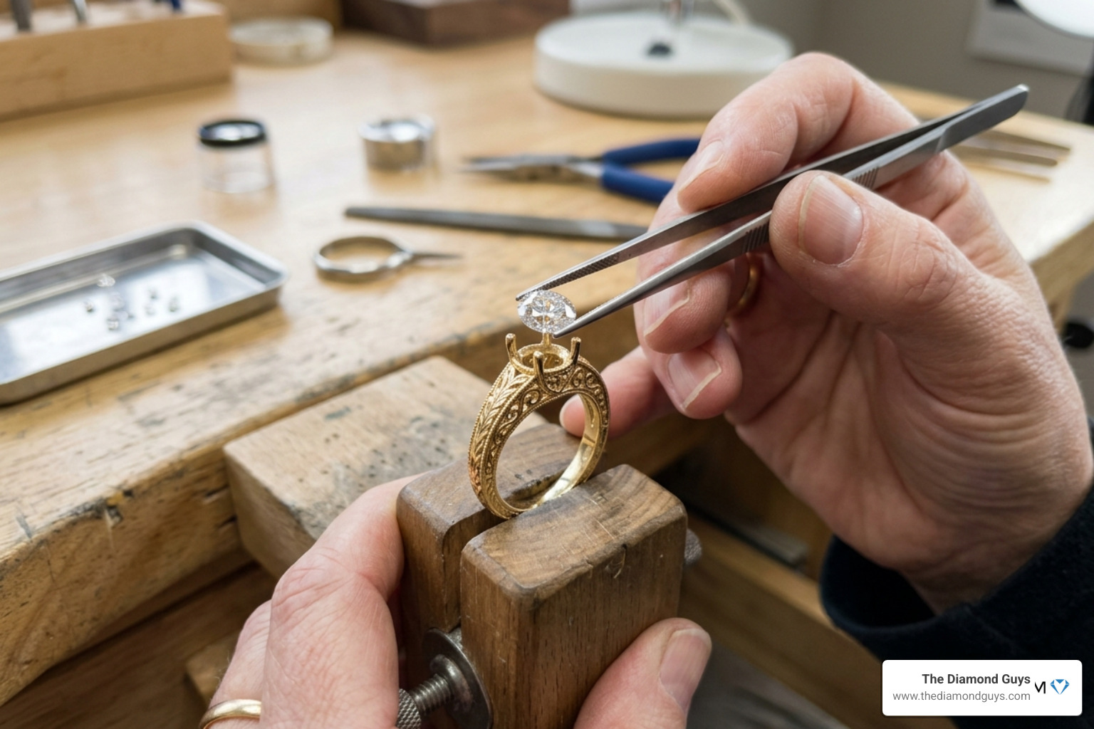 A loose diamond being carefully placed into a vintage-style gold mounting - vintage engagement ring settings