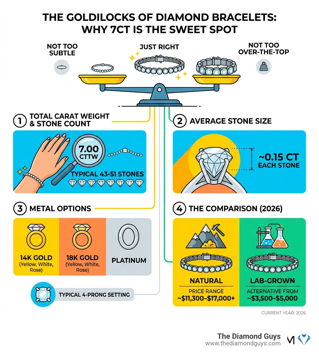 Infographic showing 7ct tennis bracelet Goldilocks appeal: stone count, price range, metal options, and natural vs lab-grown Infographic showing 7ct tennis bracelet Goldilocks appeal: stone count, price range, metal options, and natural vs lab-grown