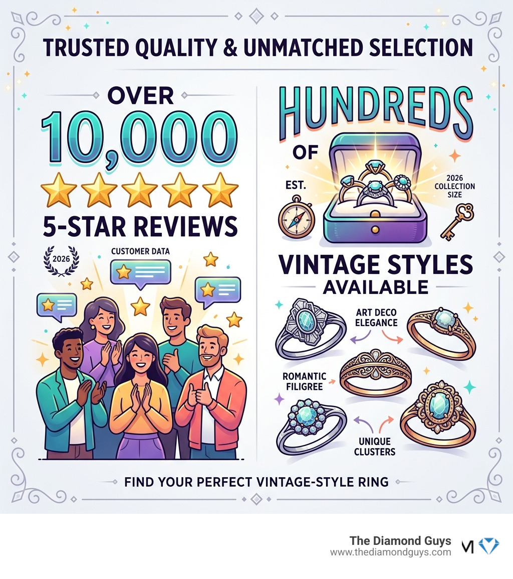 Infographic showing 5-star review statistics and collection size: Over 10,000 5-star reviews and hundreds of vintage styles