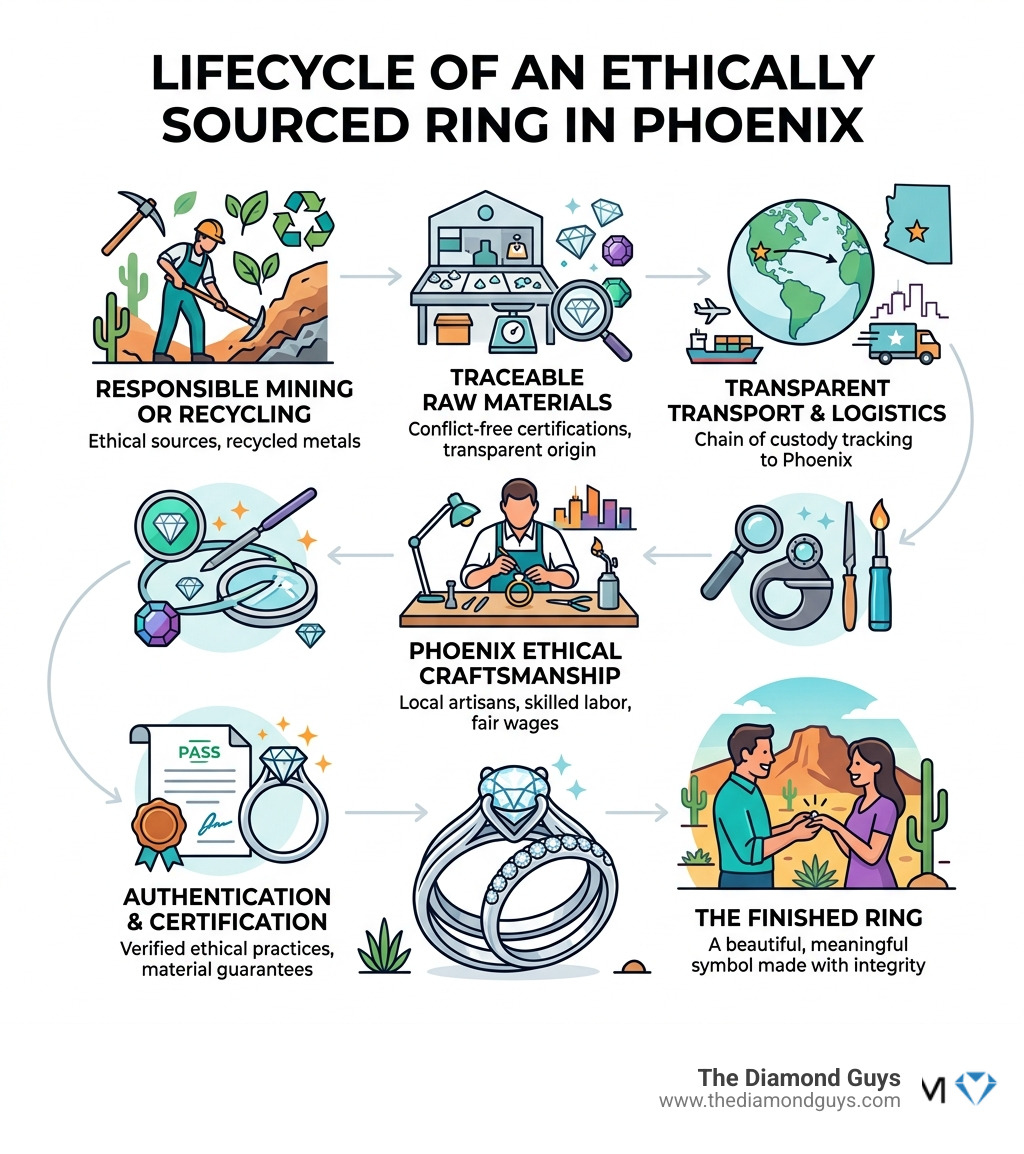 Lifecycle of an ethically sourced ring in Phoenix from mining to finished piece - Phoenix ethical ring makers infographic Lifecycle of an ethically sourced ring in Phoenix from mining to finished piece - Phoenix ethical ring makers infographic