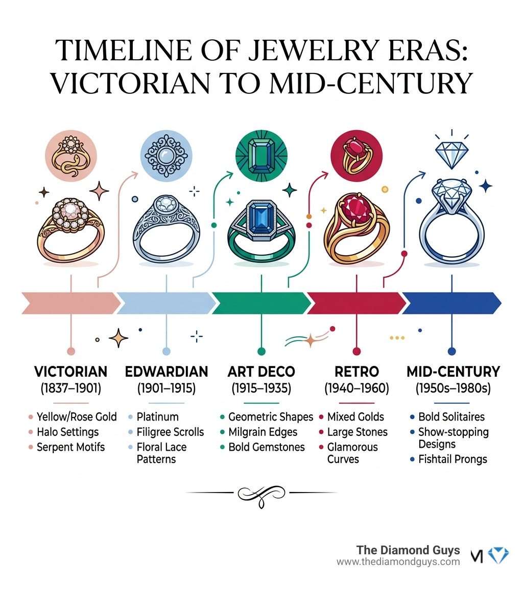 Timeline infographic of jewelry eras from Victorian to Mid-Century with key style features - vintage engagement ring