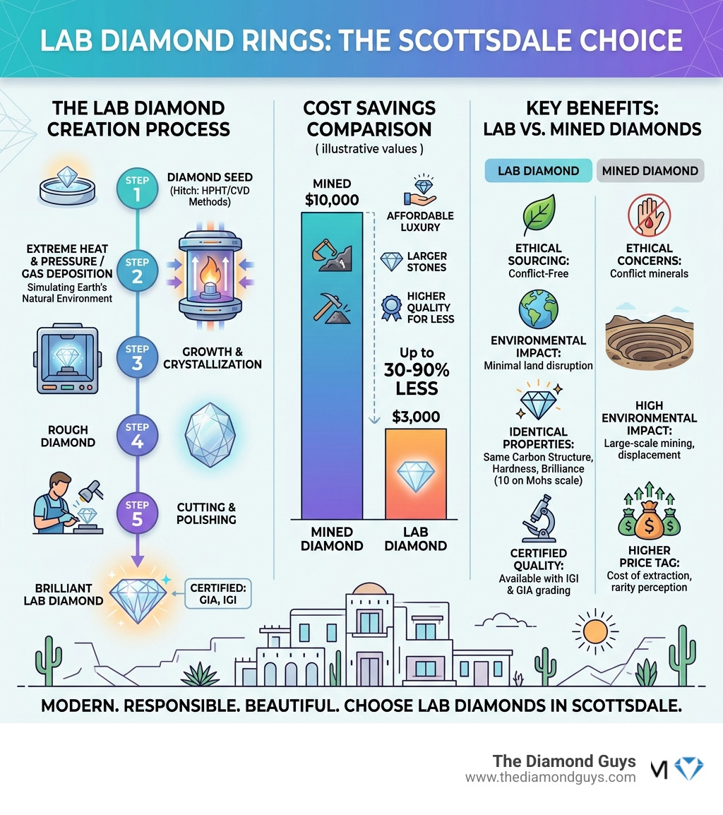 Infographic showing lab diamond creation process, cost savings, and key benefits vs. mined diamonds - lab diamond rings Infographic showing lab diamond creation process, cost savings, and key benefits vs. mined diamonds - lab diamond rings