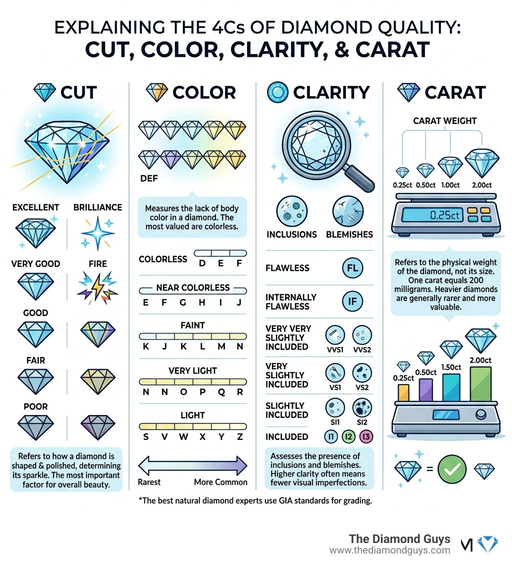 Infographic explaining the 4Cs of diamond quality: Cut, Color, Clarity, and Carat - natural diamond experts Scottsdale Infographic explaining the 4Cs of diamond quality: Cut, Color, Clarity, and Carat - natural diamond experts Scottsdale