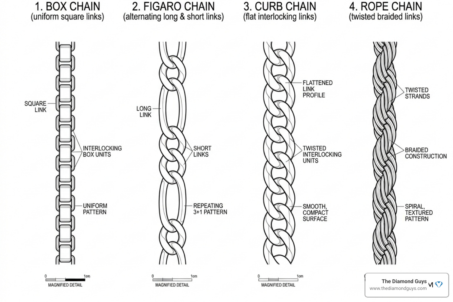 Diagram showing different chain weaves: Box, Figaro, Curb, and Rope - chain repair near me Diagram showing different chain weaves: Box, Figaro, Curb, and Rope - chain repair near me