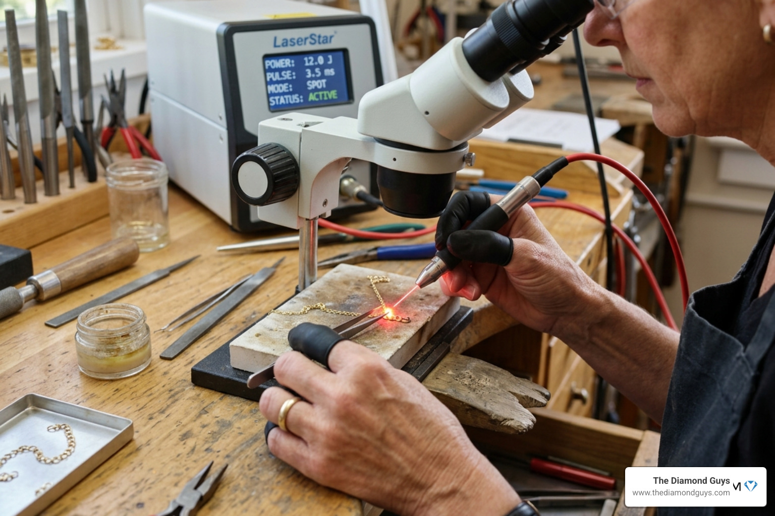 Close-up of a jeweler using laser welding technology to repair a fine gold chain - chain repair near me Close-up of a jeweler using laser welding technology to repair a fine gold chain - chain repair near me