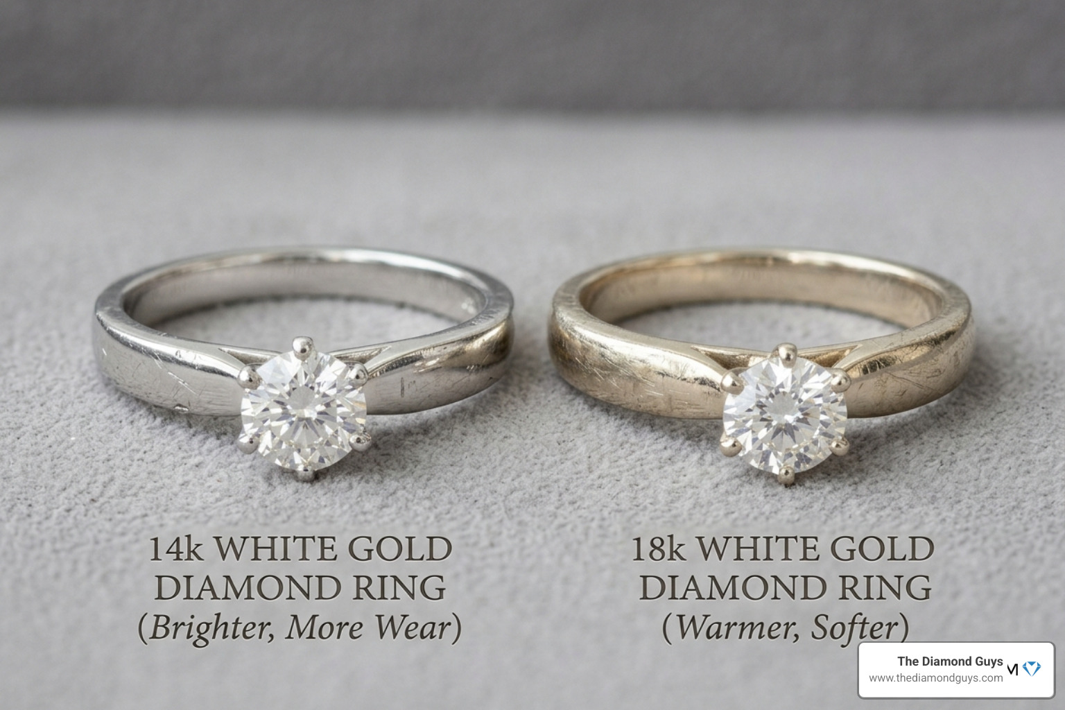 Comparison of 14k and 18k white gold rings showing subtle color differences and wear patterns - 14k white gold diamond ring Comparison of 14k and 18k white gold rings showing subtle color differences and wear patterns - 14k white gold diamond ring