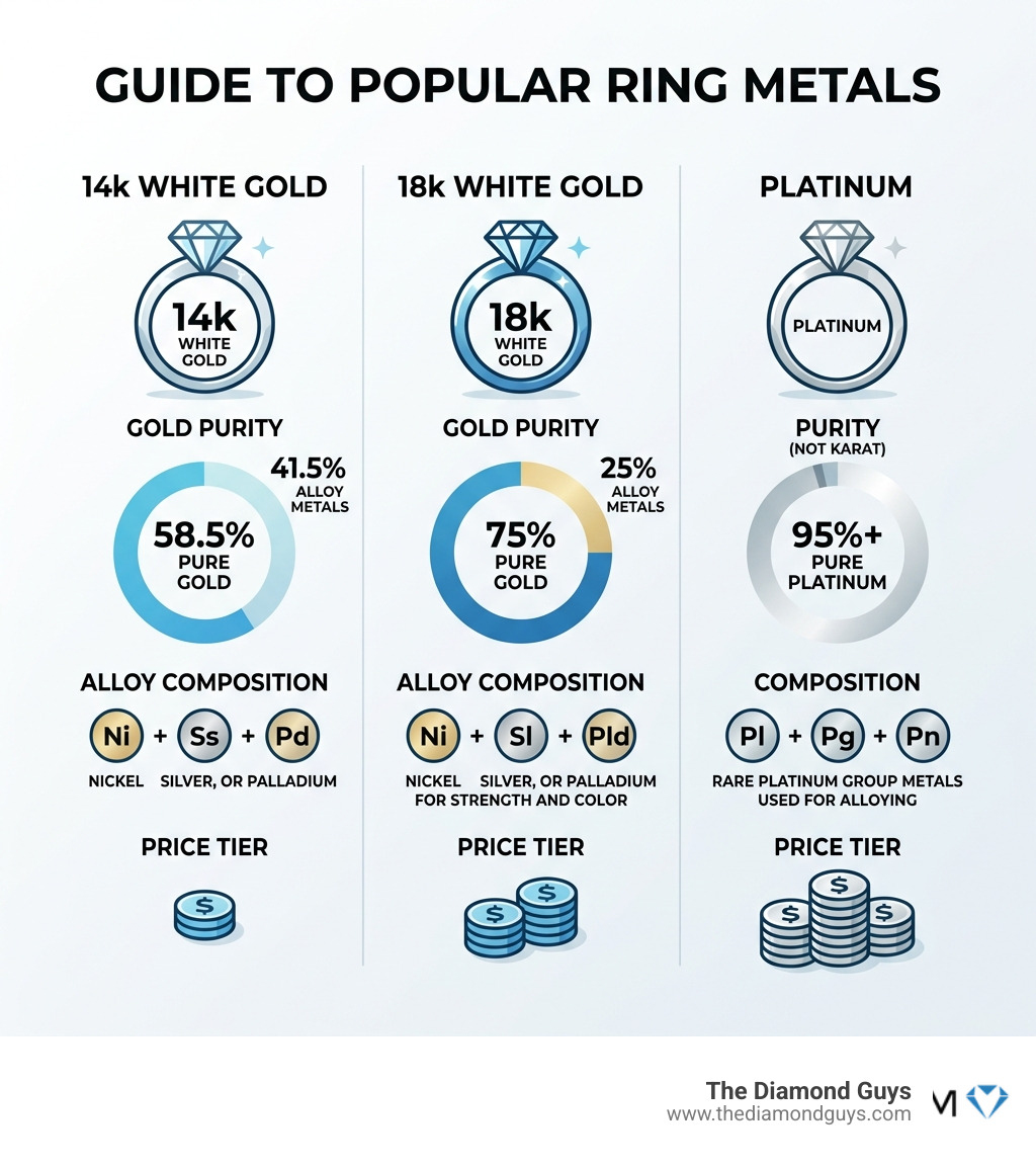 Infographic showing gold karat percentages, alloy compositions, and price tiers for 14k, 18k, and platinum ring options Infographic showing gold karat percentages, alloy compositions, and price tiers for 14k, 18k, and platinum ring options