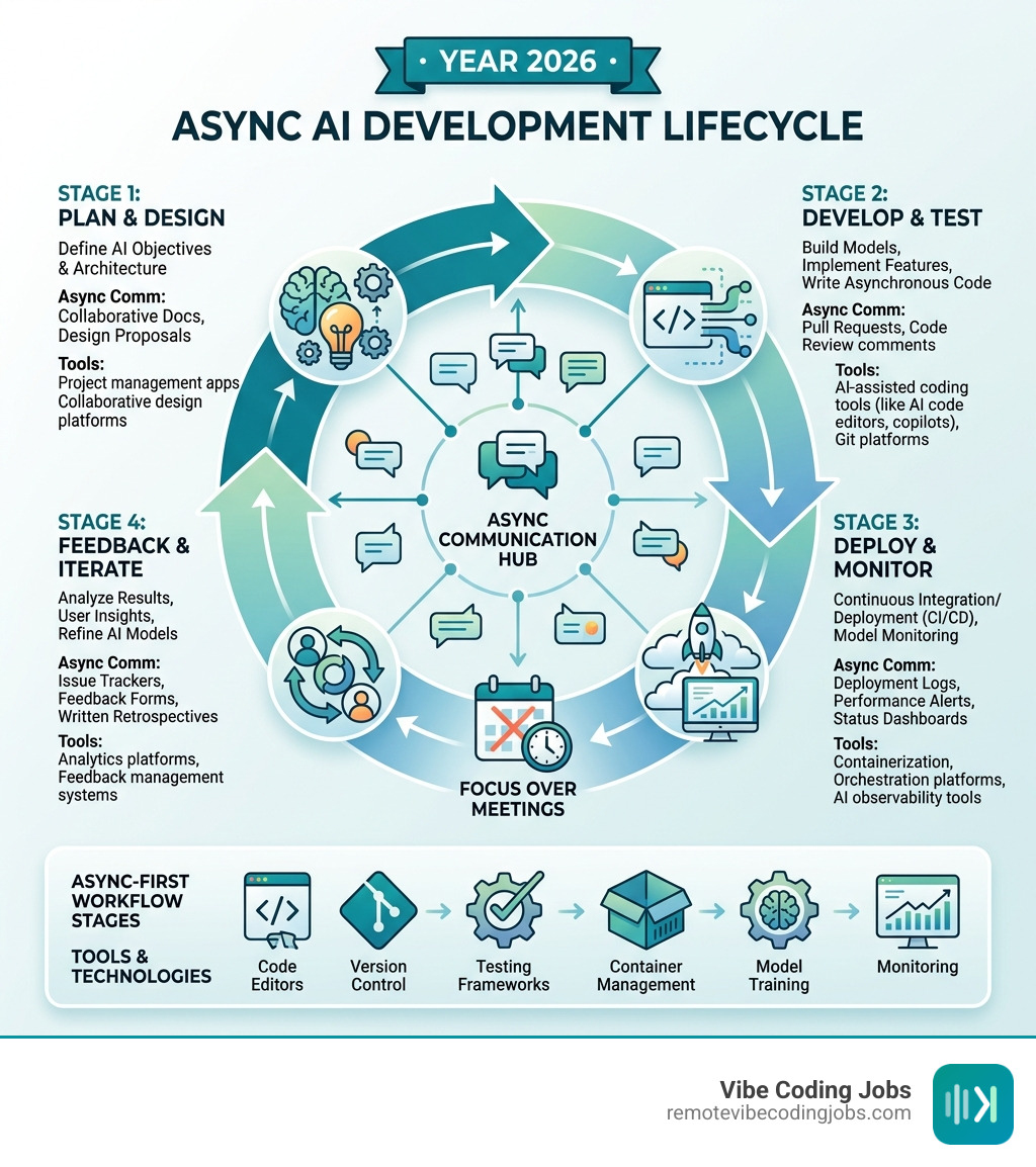 2026 async AI development lifecycle infographic showing tools, workflow stages, and async communication patterns - async ai