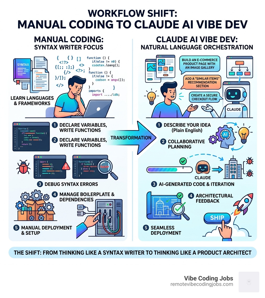 Infographic: Manual coding vs Claude AI vibe dev workflow shift from syntax to natural language orchestration - claude ai