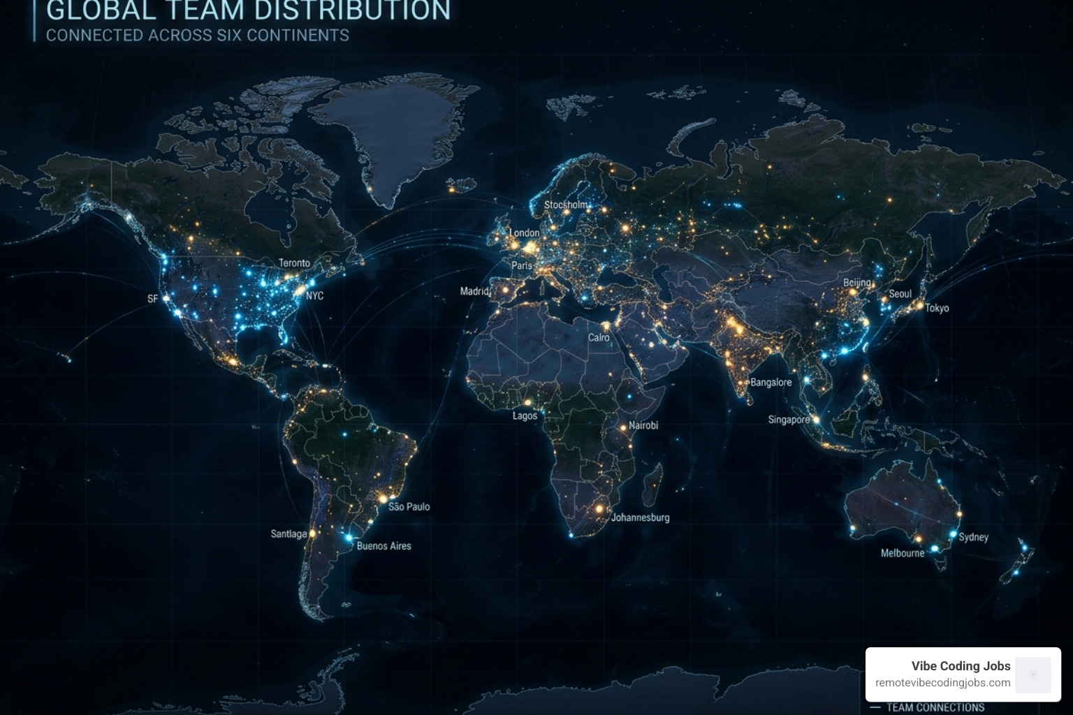 global map showing distributed team members across six continents - async first remote jobs