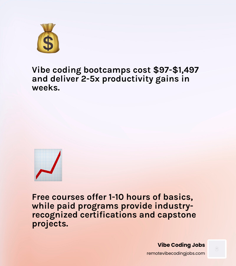Infographic showing ROI of vibe coding education: cost vs. salary potential and speed - vibe coding course online