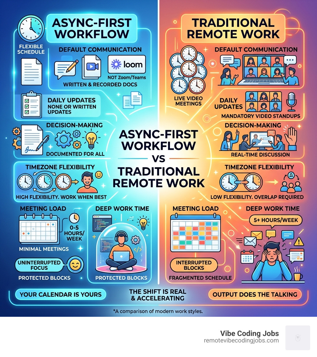 Infographic comparing async-first workflow vs traditional remote work with meetings vs written docs - async first jobs