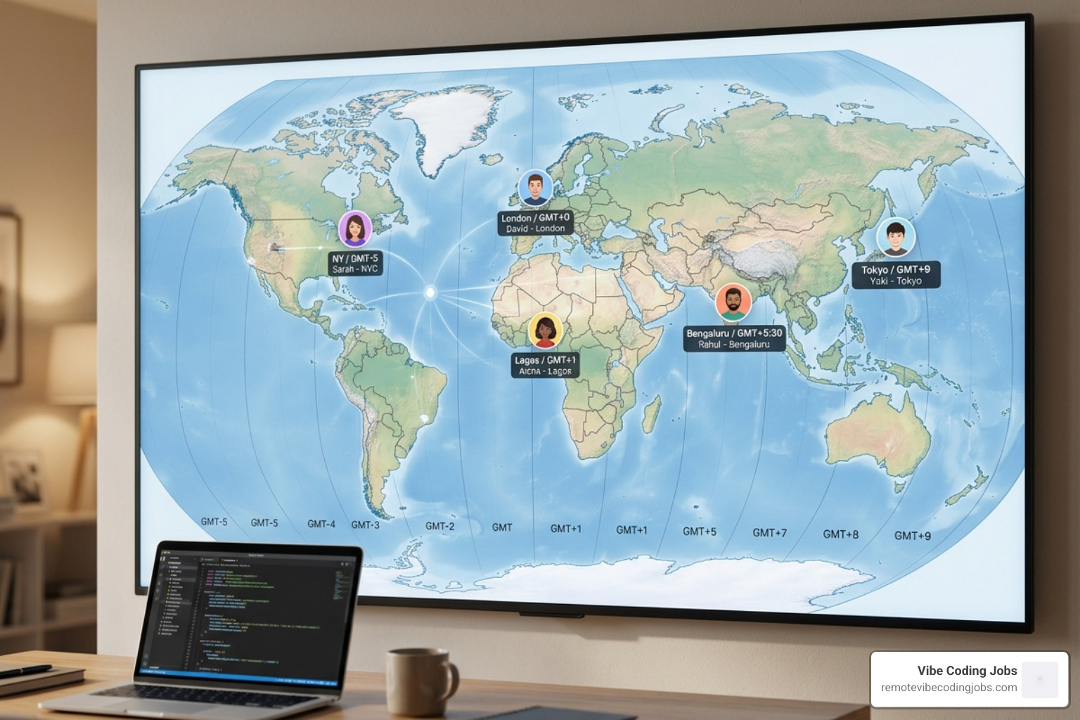 Global map showing distributed team members across all timezones - async first jobs
