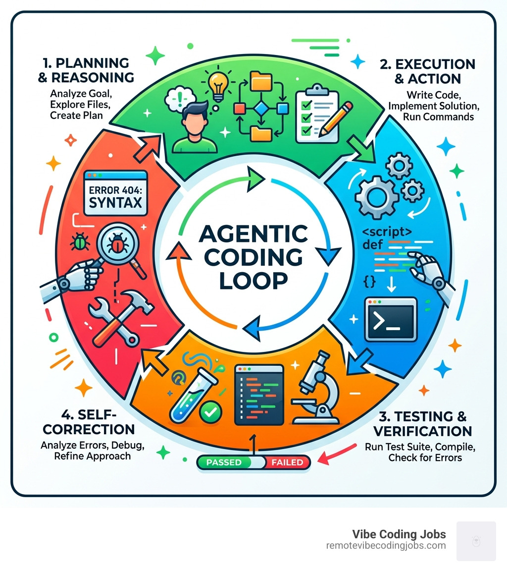Agentic coding reason-and-act loop showing planning, execution, testing, and self-correction cycle - agentic coding tools