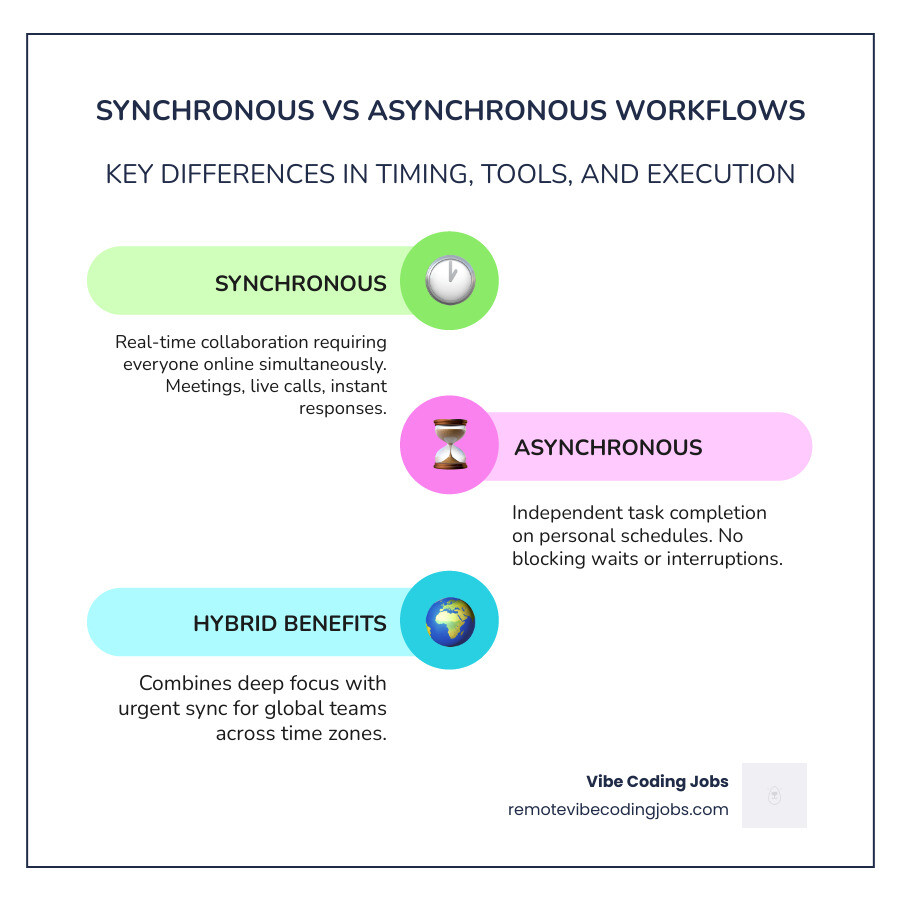 Infographic comparing synchronous vs asynchronous workflows: timing, tools, and key differences - asynchronous jobs meaning