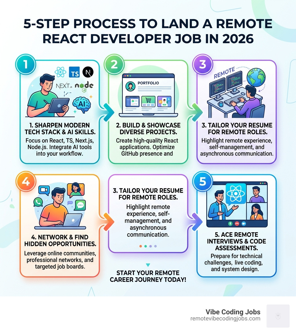 5-step process infographic for landing a remote React developer job in 2026 - remote react developer jobs infographic 
